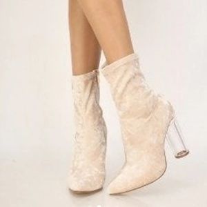 Velvet nude clear heeled booties